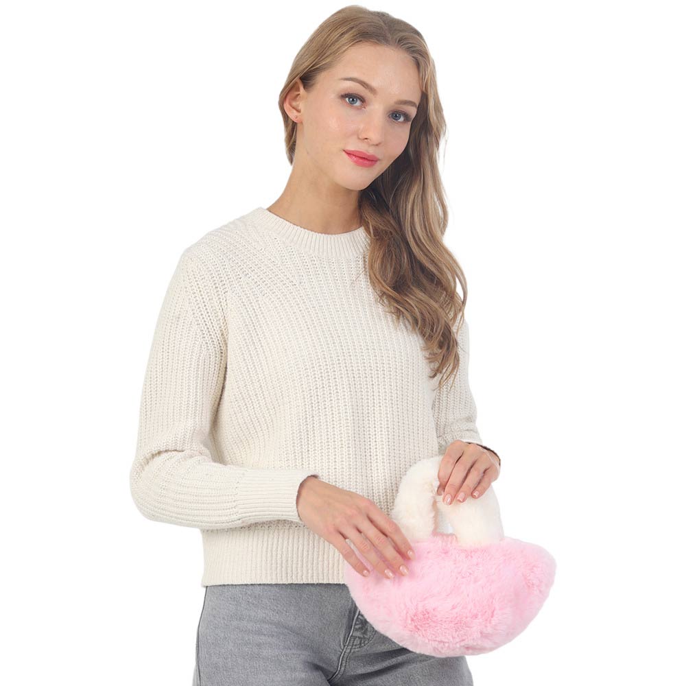 Light Pink Two Tone Faux Fur Micro Tote Crossbody Bag, is a sleek and luxurious accessory, perfect for day or night. Its two-tone design offers sophistication and style, while its faux fur exterior makes it luxurious and comfortable to wear. Perfect gift idea for your close ones on any occasion.