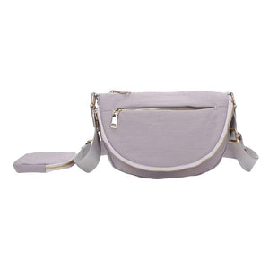 Light Purple Half Round Solid Nylon Crossbody Bag, is made of nylon, making it lightweight and durable. The adjustable shoulder strap ensures it will be comfortable to carry. The half-round shape adds a unique look to this bag, making it a great choice for any occasion. Perfect gift for fashion-forwarded family members and friends.
