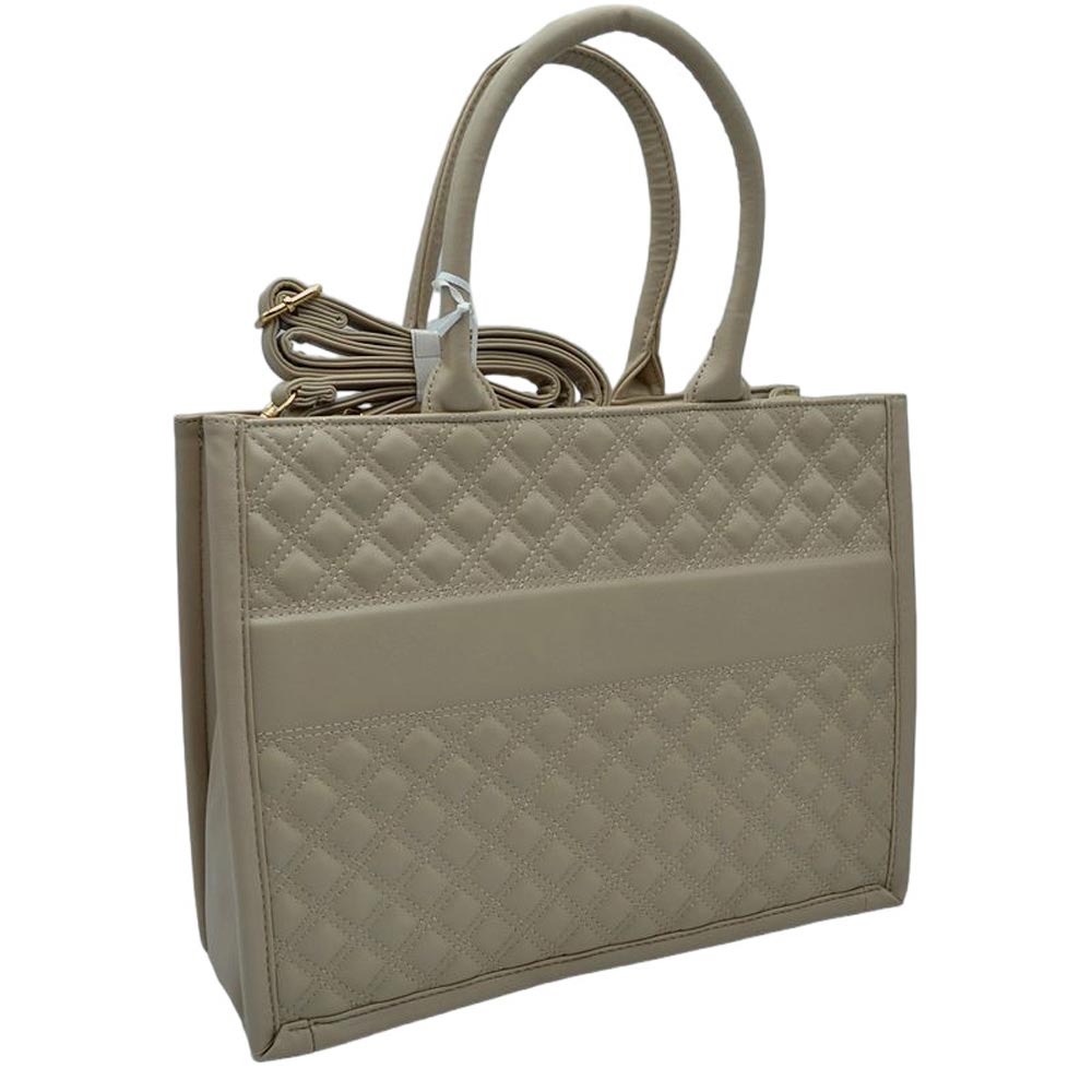 Light Taupe This Quilted Fashion Satchel Tote Bag is the perfect fashion accessory for everyday life. Composed of high-quality quilted cotton, this bag is lightweight yet durable. The spacious interior and multiple pockets provide ample storage for all your essentials. This bag adds a touch of sophistication to any outfit.