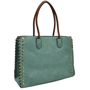 Light Gren Studded Faux Leather Whipstitch Shoulder Bag Tote Bag, is crafted from high-quality faux leather, featuring a stylish whipstitch trim and studded accents. Its adjustable strap makes it perfect for everyday use, this spacious handbag features a roomy interior to hold all your essentials. This bag is sure to turn heads.