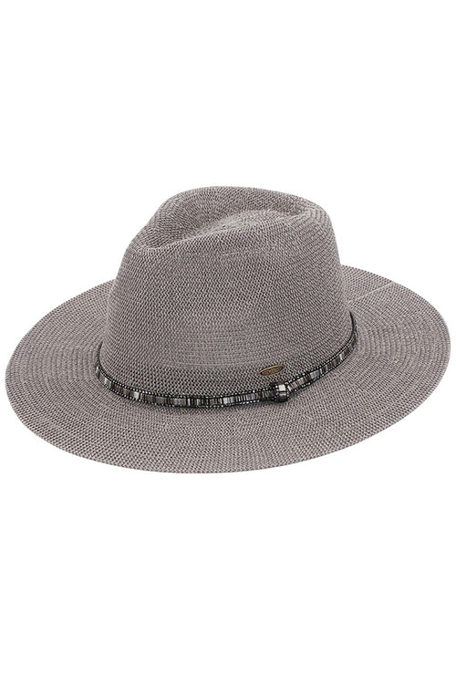 C.C Women's Multi Thread Rhinestone Trim Band Panama Hat - Silver-Light Gray