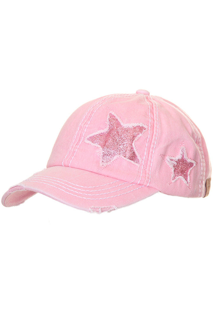 Light Pink C.C GLITTER STAR BASEBALL PONYCAP is a stylish and functional accessory. Made with high-quality materials, it adds a touch of glitz to your wardrobe. The baseball-style provides sun protection, while the ponytail opening adds convenience. Upgrade your hat collection with this must-have piece.