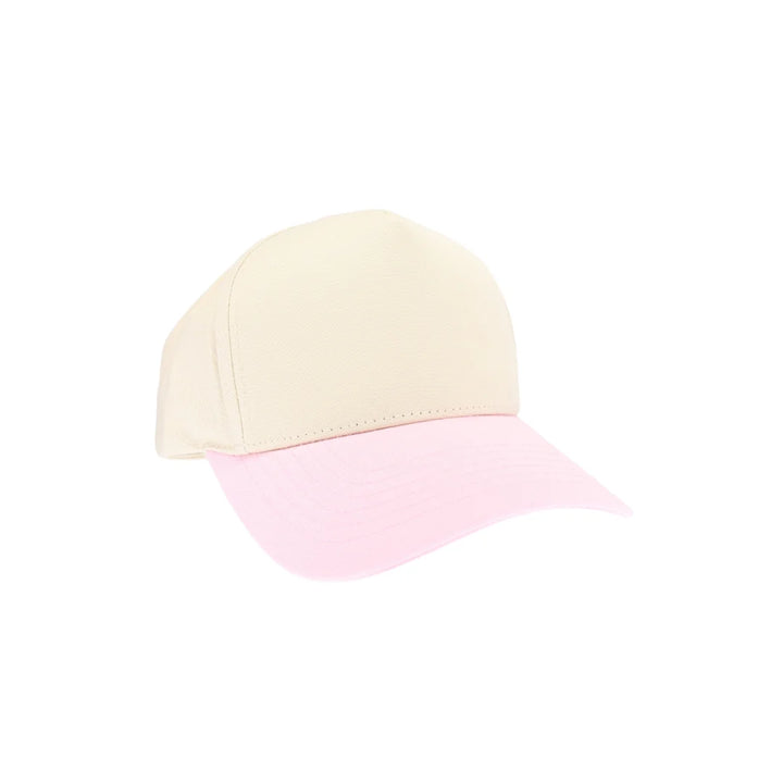 Light Pink KIDS Two Tone Canvas C.C Trucker Hat combines durable canvas with breathable mesh for comfort and style. Its two-tone design adds a playful touch, while the adjustable snapback ensures a secure fit for growing heads. Perfect for everyday wear, this hat offers sun protection and a trendy look for active kids. 