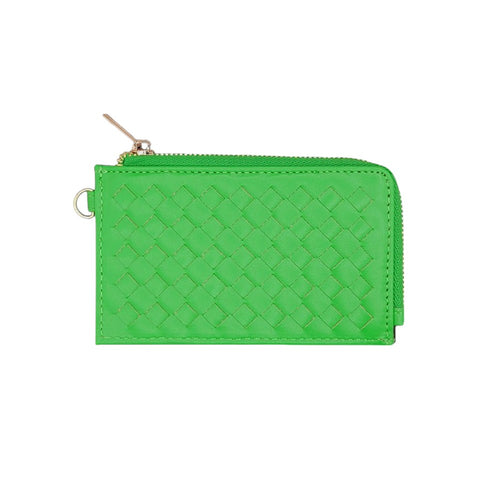 Faux Leather Basket Weave Flat Card Holder Wallet with Wristlet - Lime