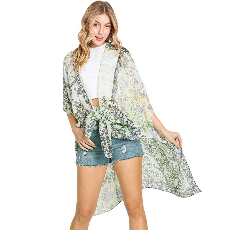 Lime Paisley Flower Print Kimono Poncho, Expertly crafted with a paisley print, this kimono poncho is a versatile addition to any wardrobe. Made with lightweight, breathable material, it's perfect for layering over any outfit for a chic look. Enjoy the unique design and comfortable fit of this piece.