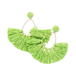 Lime Raffia Fringe Fan Dangle Earrings, Expertly crafted with delicate Raffia Fringe, these earrings add a touch of elegance to any outfit. The fan dangle design creates a unique and eye-catching look, while the lightweight material ensures comfortable wear all day long. Perfect for any occasion.