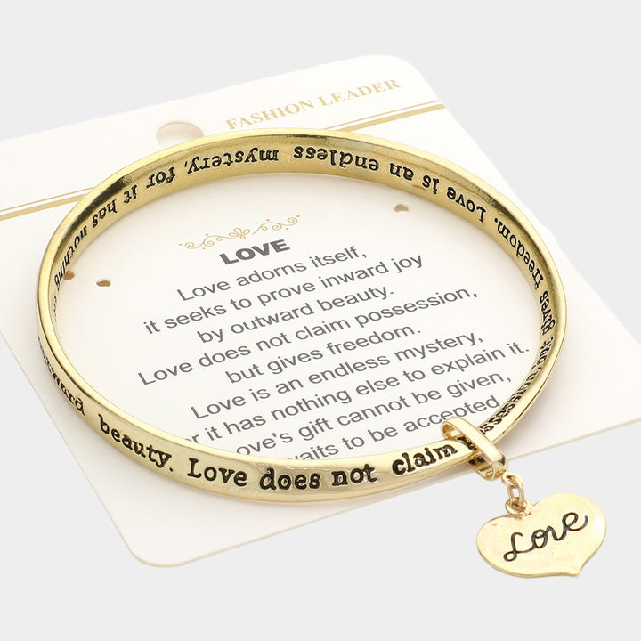  Love Heart Message Bangle Bracelet is a stunning piece that carries a heartfelt message. Expertly crafted with precision and care, this bracelet makes a perfect gift for someone special. Show your love and affection with this elegant and meaningful accessory. 