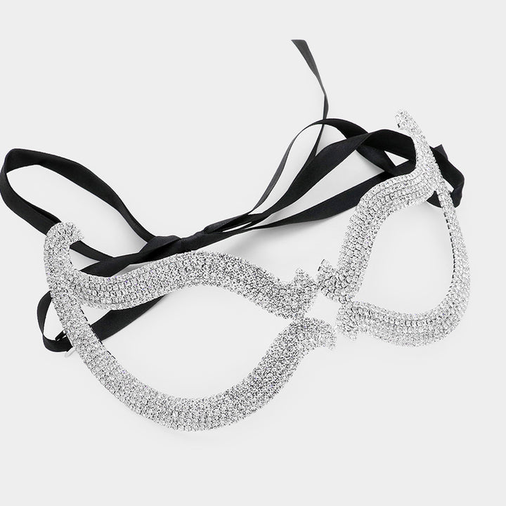 Silver Rhinestone Pave Cat Eye Masquerade Mask