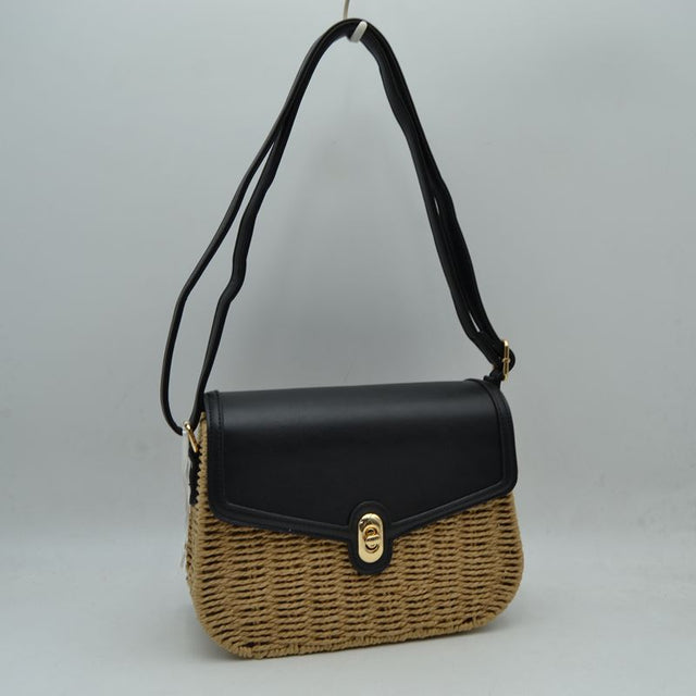 Woven Straw Flap Crossbody Bag – Chic Summer Shoulder Satchel - Black - Crossbody Bag