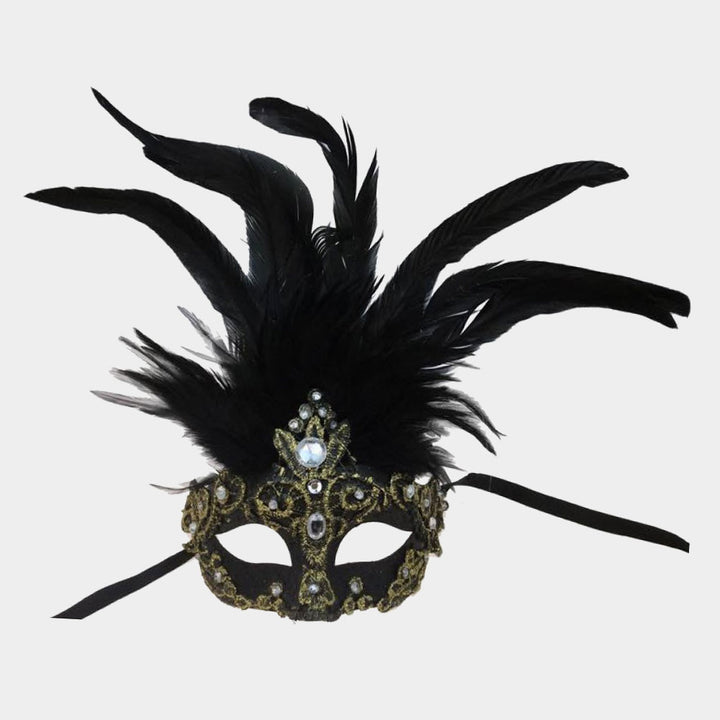 Black, Gold Rhinestone Accent Masquerade Venetian Feather Mask