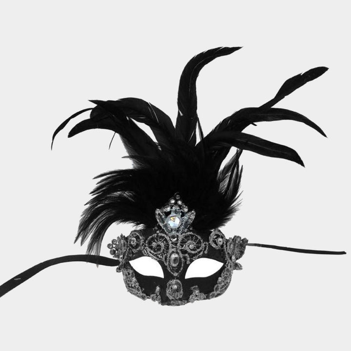 Black, Silver Rhinestone Accent Masquerade Venetian Feather Mask