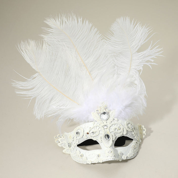 White Rhinestone Accent Masquerade Venetian Feather Mask