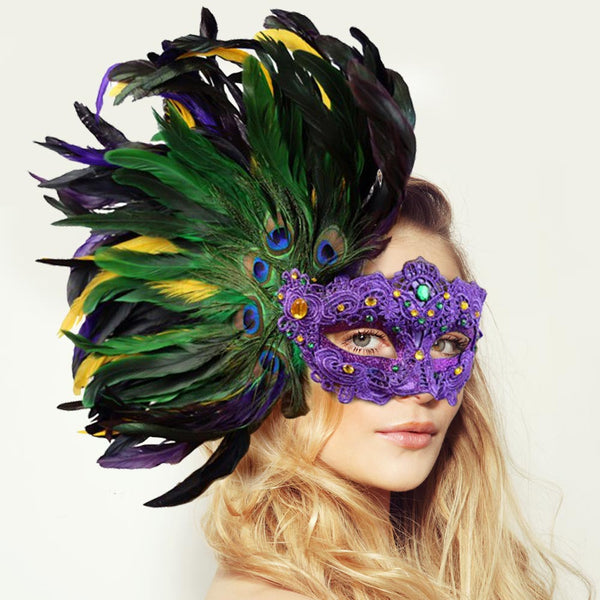 Multi Mardi Gras Lace Masquerade Venetian Feather Mask