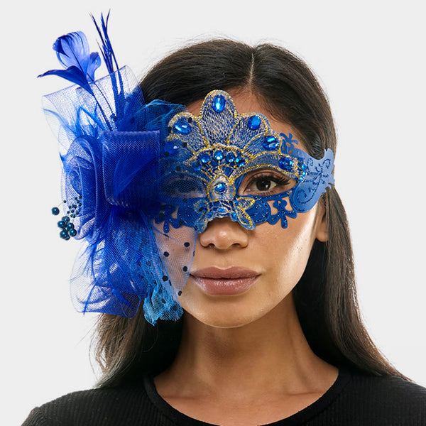 Blue Flower Feather Fairy Lace Masquerade Mask