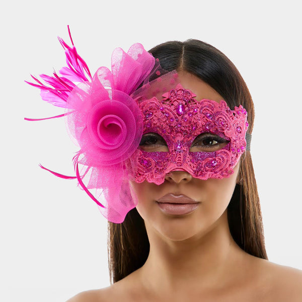 Hot Pink Floral Lace Feather Tulle Masquerade Halloween Mask
