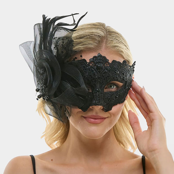 Black Floral Tulle Feather Lace Masquerade Halloween Party Mask