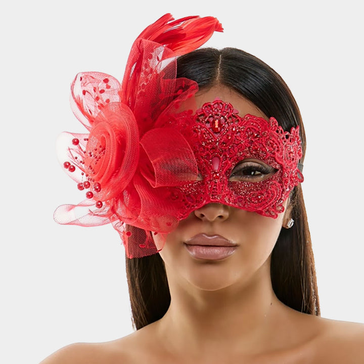 Red Floral Tulle Feather Lace Masquerade Halloween Party Mask