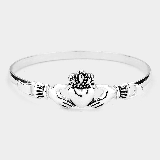 Madeline Love Antique Silver Antique Metal Claddagh Heart Accent Bangle Bracelet - Bracelets