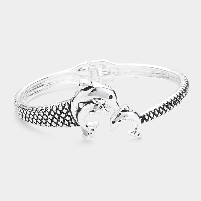 Antique Silver Antique Metal Dolphin Hinged Bracelet
