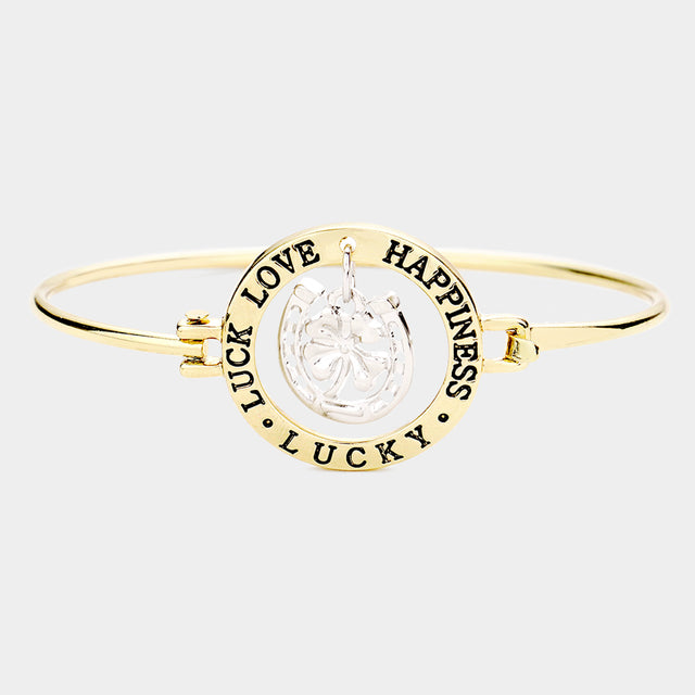 Madeline Love Antique Gold "Luck Love Happiness Lucky" Four Leaf Clover Hook Bracelet - Bracelets
