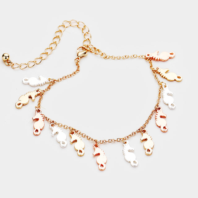 Gold, Rose Gold , Silver Multi Seahorse Metal Charm Bracelet
