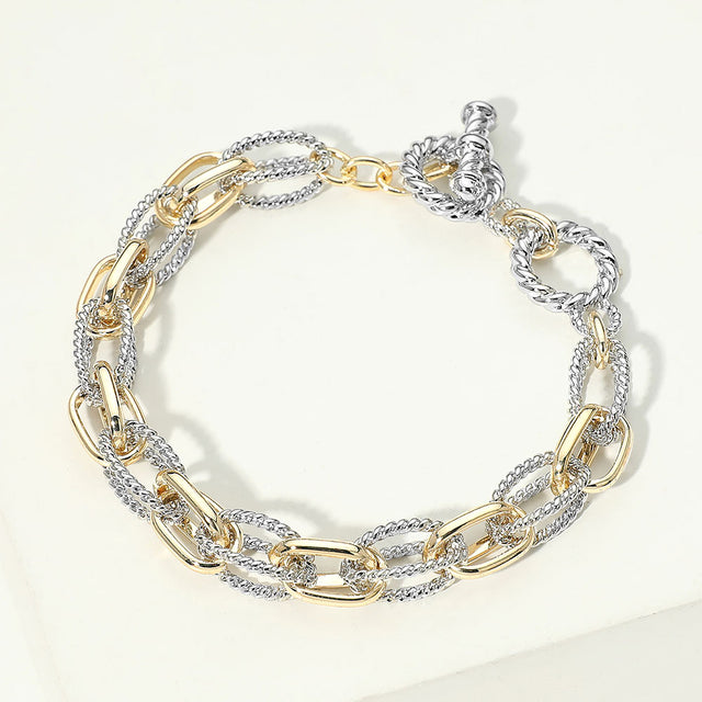 Madeline Love Two Tone 14K Gold Plated Two Tone Mixed Link Chain Toggle Bracelet