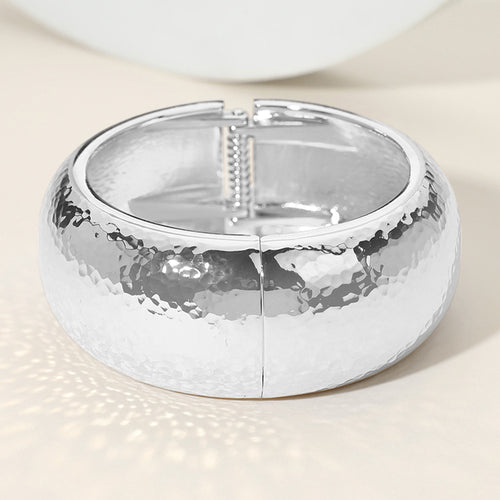 Chunky Hammered Metal Hinged Bangle Bracelet - Rhodium