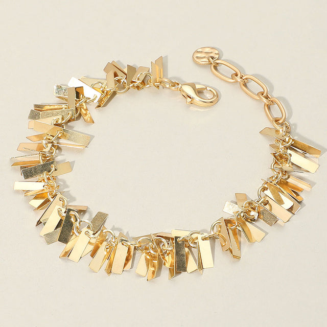 Madeline Love Worn Gold Metal Rectangular Plate Embellished Chain Bracelet