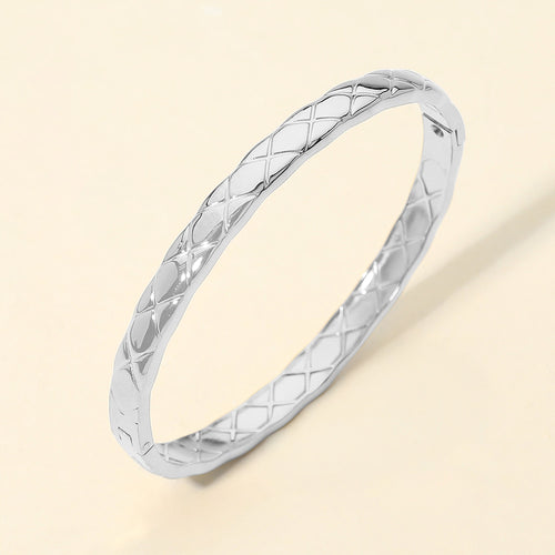 Stainless Steel Crisscross Textured Hinged Bangle Bracelet - Silver