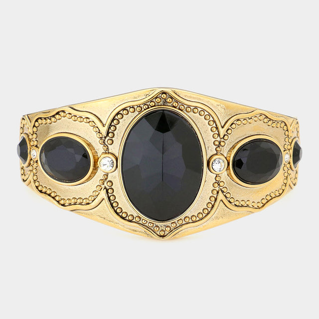 Madeline Love Gold, Jet Black Oval Stone Accented Metal Bracelet - Bracelets