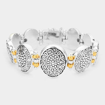 Madeline Love Two Tone Antique Patterned Metal Oval Bracelet - Bracelets
