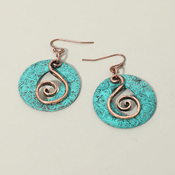 Madeline Love Patina Verdigris Boho Filigree Swirl Circle Drop Dangle Earrings