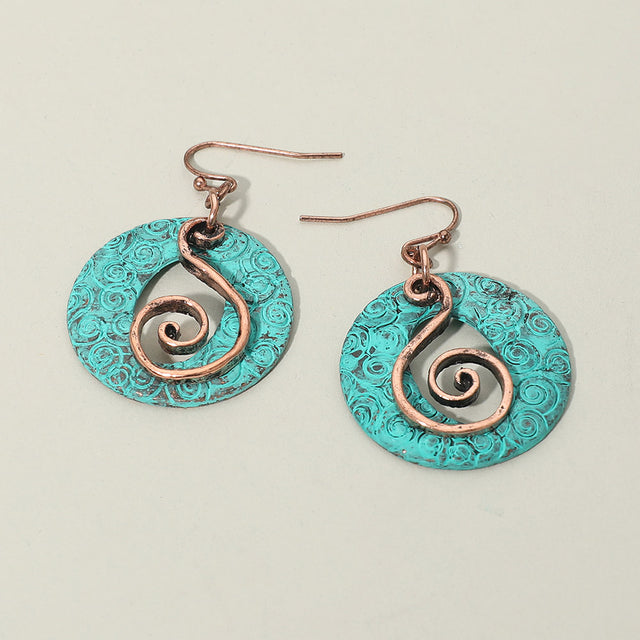 Madeline Love Patina Verdigris Boho Filigree Swirl Circle Drop Dangle Earrings