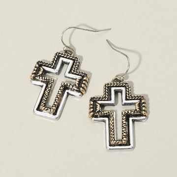 Madeline Love Silver Burnished, Two Tone Two Tone Antique Metal Open Cross Charm Drop Dangle Earrings