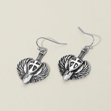 Madeline Love Silver Burnished Antique Metal Wing Cross Sword Shield Drop Earrings