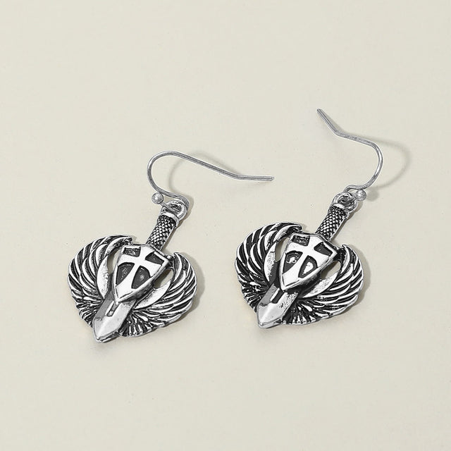 Madeline Love Silver Burnished Antique Metal Wing Cross Sword Shield Drop Earrings