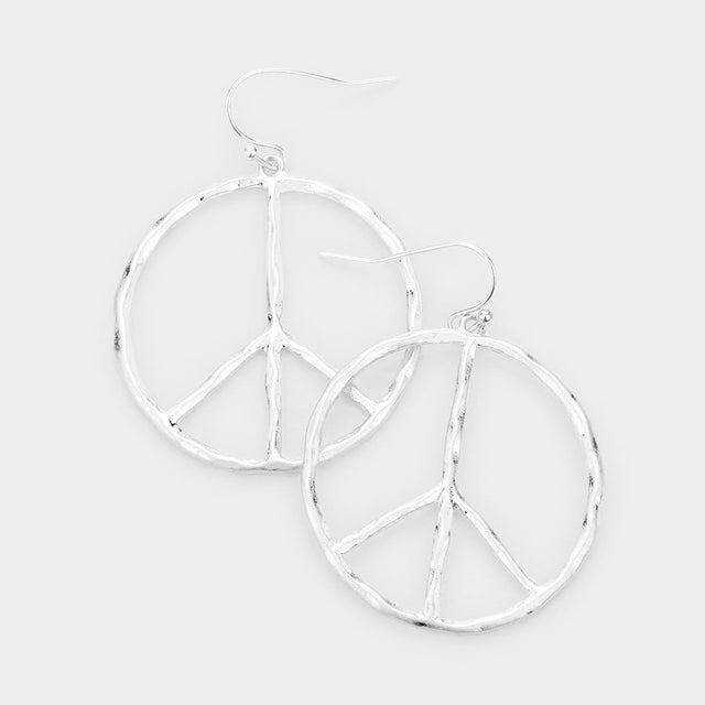 Madeline Love Worn Silver Metal Peace Mark Dangle Earrings