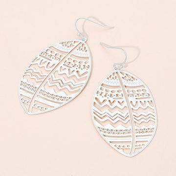 Madeline Love Matte Silver Brass Metal Tribal Pattern Cutout leaf Dangle Earrings