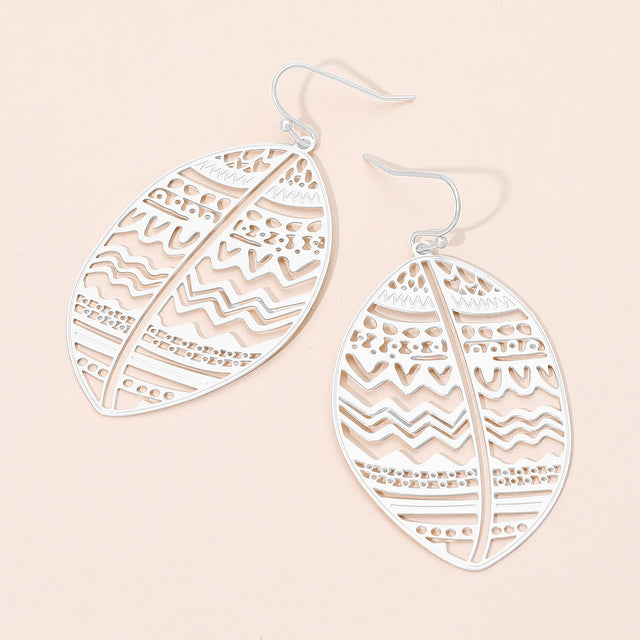 Madeline Love Matte Silver Brass Metal Tribal Pattern Cutout leaf Dangle Earrings