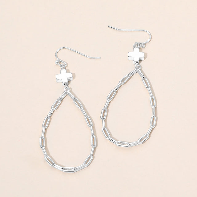Madeline Love Rhodium Metal Cross Charm Accent Paperclip Chain Link Open Teardrop Earrings