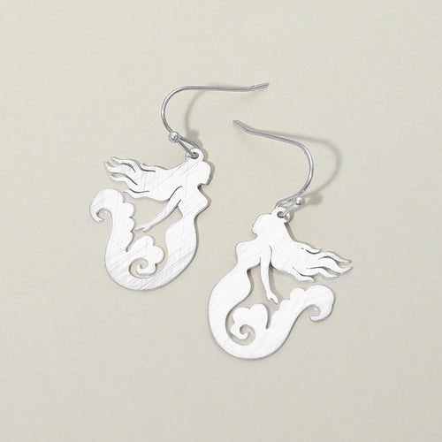 Mermaid Silhouette Drop Earrings - Worn Silver