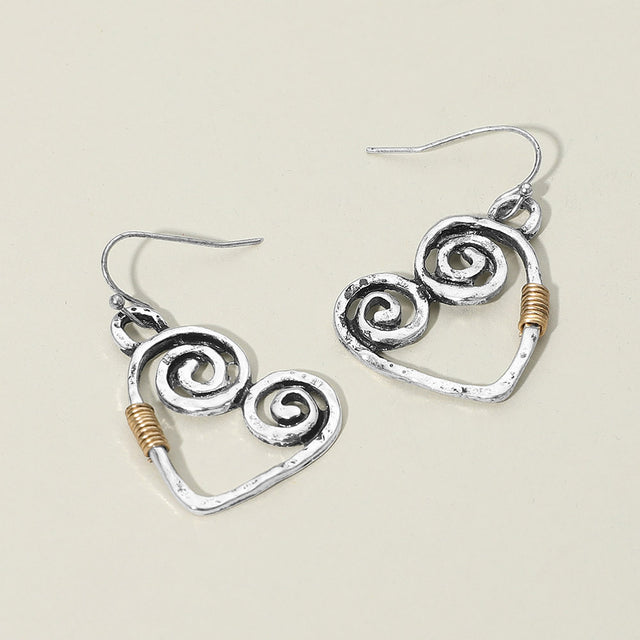 Madeline Love Silver Burnished, Two Tone Swirl Heart Charm Drop Earrings