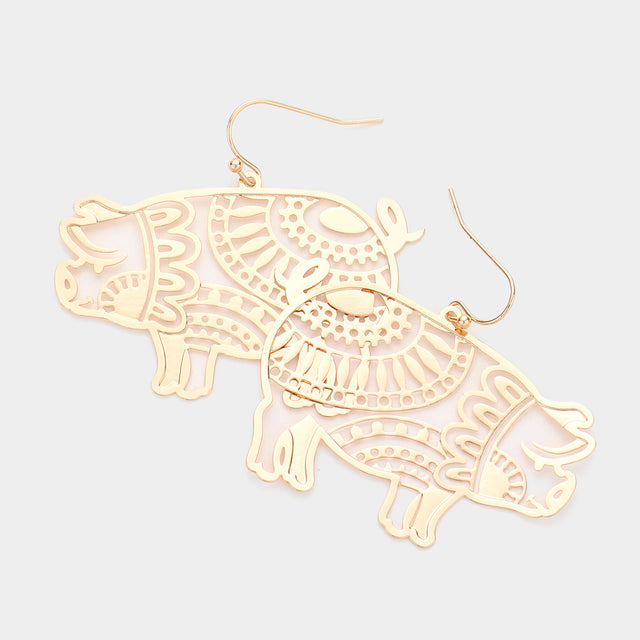 Madeline Love Gold Brass Metal Cutout Pig Dangle Earrings