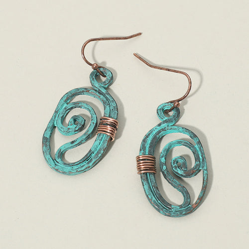 Boho Metal Swirl Oval Drop Earrings - Copper Burnished, Patina Verdigris