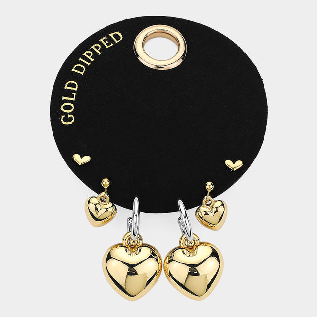 SECRET BOX_Gold Dipped Heart 3Pairs Earrings - Gold - Earrings