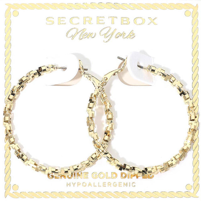 Madeline Love Gold SECRET BOX_Genuine Gold Dipped Hypoallergenic Geometric Textured Hoop Earrings