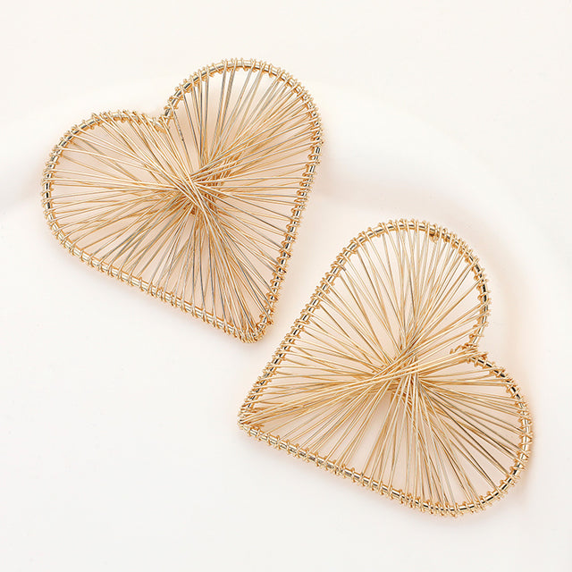 Oversized Metal Wired Heart Earrings - Gold - Earrings