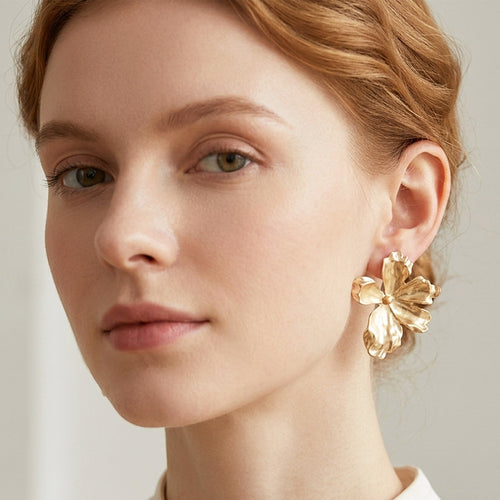Metal Sculpted Floral Statement Earrings - MG