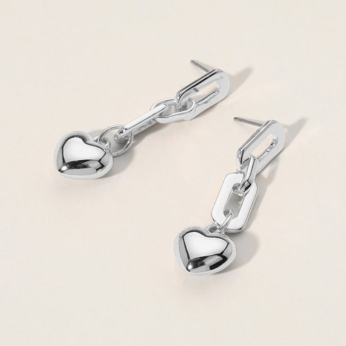 Metal Paperclip Link Dropdown Puffy Heart Dangle Earrings - Silver