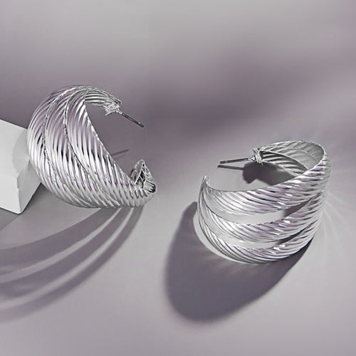 Textured Metal Triple Hoop Earrings - Silver